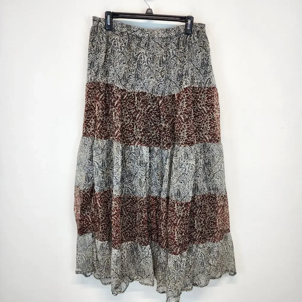 Solitaire Tiered Broomstick Maxi Skirt Size L Paisley Chiffon Lined Whimsygoth